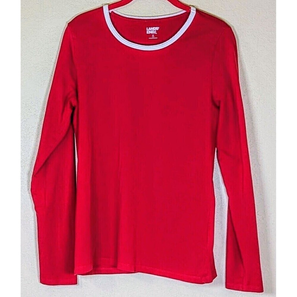 Lands’ End Women's Red with White Neck Trim Long Sleeve Tee Shirt Top Size M